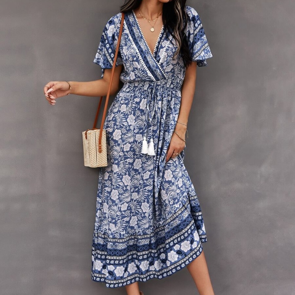 Boho Yellow Floral Print Butterfly Sleeve Midi Dress Cottagecore - Picture 8 of 13